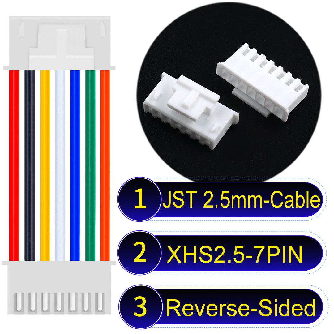 JST XHS with Belt Lock 7Pin Reverse-Side-Head cable, 2.54mm pitch, 22AWG copper wire, UL1007 certified, ideal for home appliances, electrical systems, and LED lighting applications.