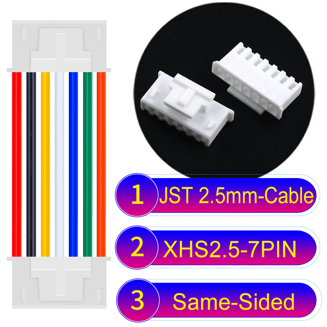 JST XHS with Belt Lock 2.5mm 7Pin Same-Side-Head cable with 22AWG copper wire and UL1007-certified PVC, suitable for home appliances, electrical equipment, and LED lighting.