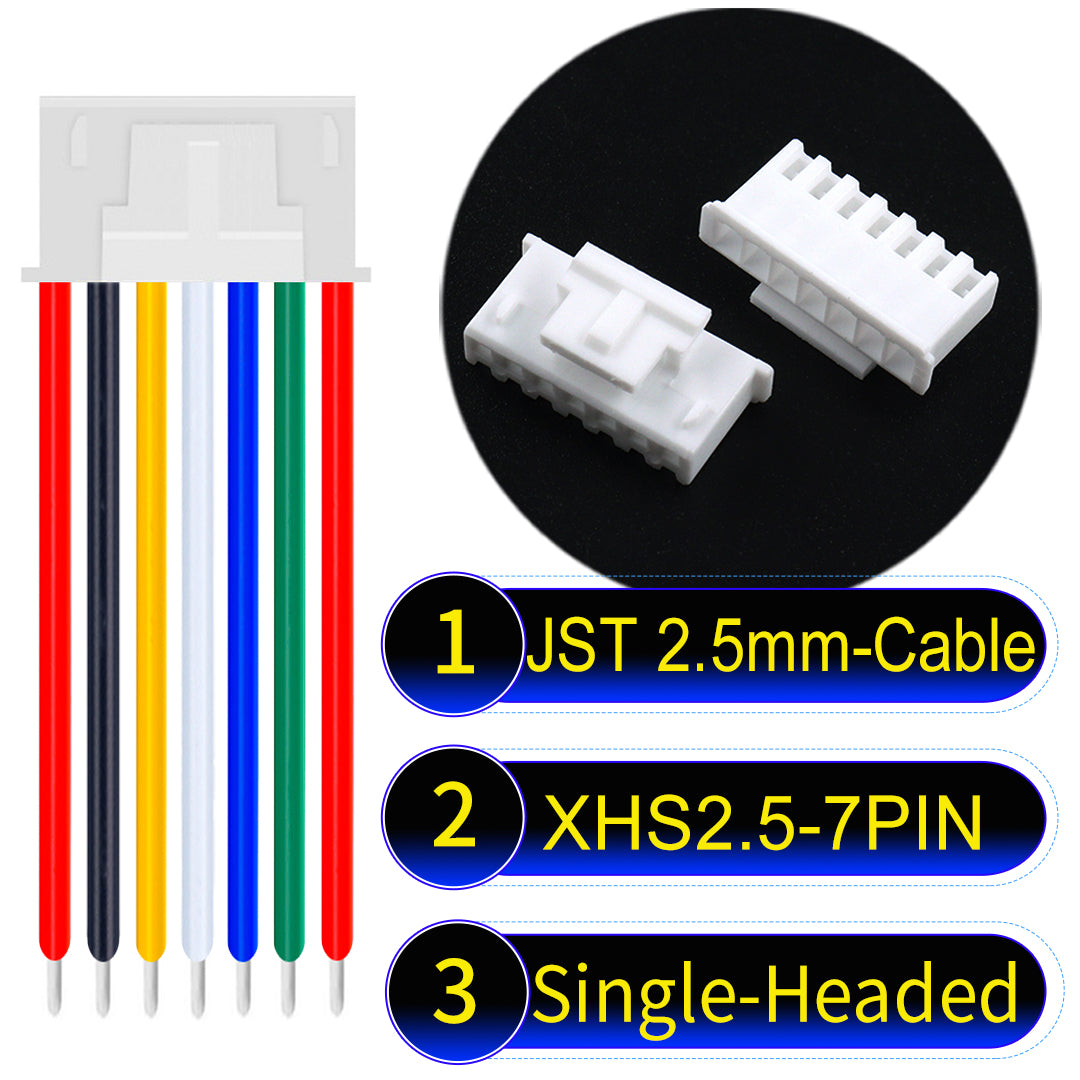 JST XHS with Belt Lock 2.5mm 7Pin single-headed cable with 22AWG copper wire and UL1007-certified PVC, suitable for home appliances, electrical equipment, and LED lighting.