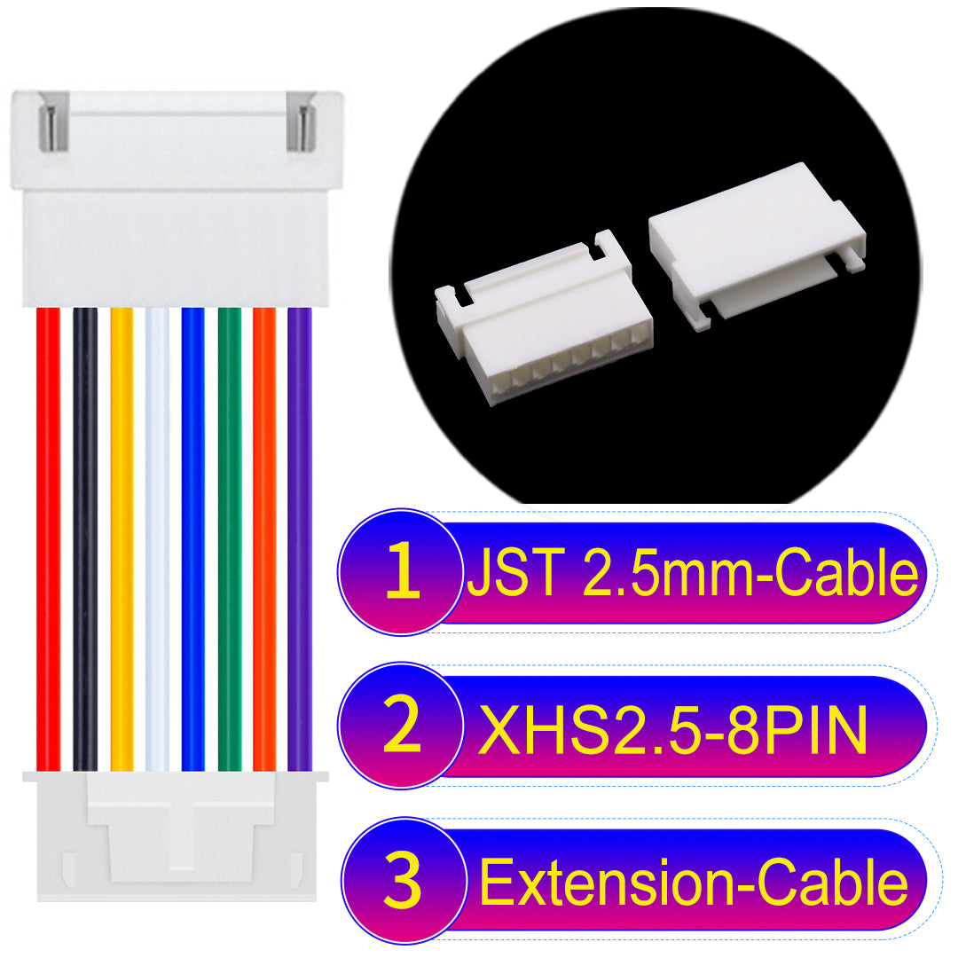 JST XHS with Belt Lock 8Pin Male Female Extension Cable, 2.54mm pitch, 22AWG copper wire, UL1007 certified, ideal for home appliances, electrical systems, and LED lighting applications.