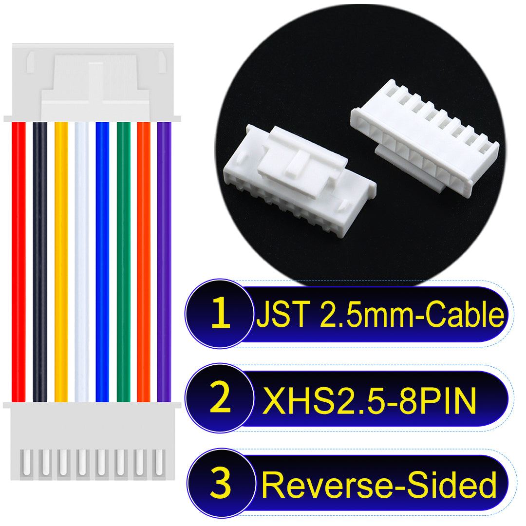 JST XHS with Belt Lock 8Pin Reverse-Side-Head cable, 2.54mm pitch, 22AWG copper wire, UL1007 certified, ideal for home appliances, electrical systems, and LED lighting applications.