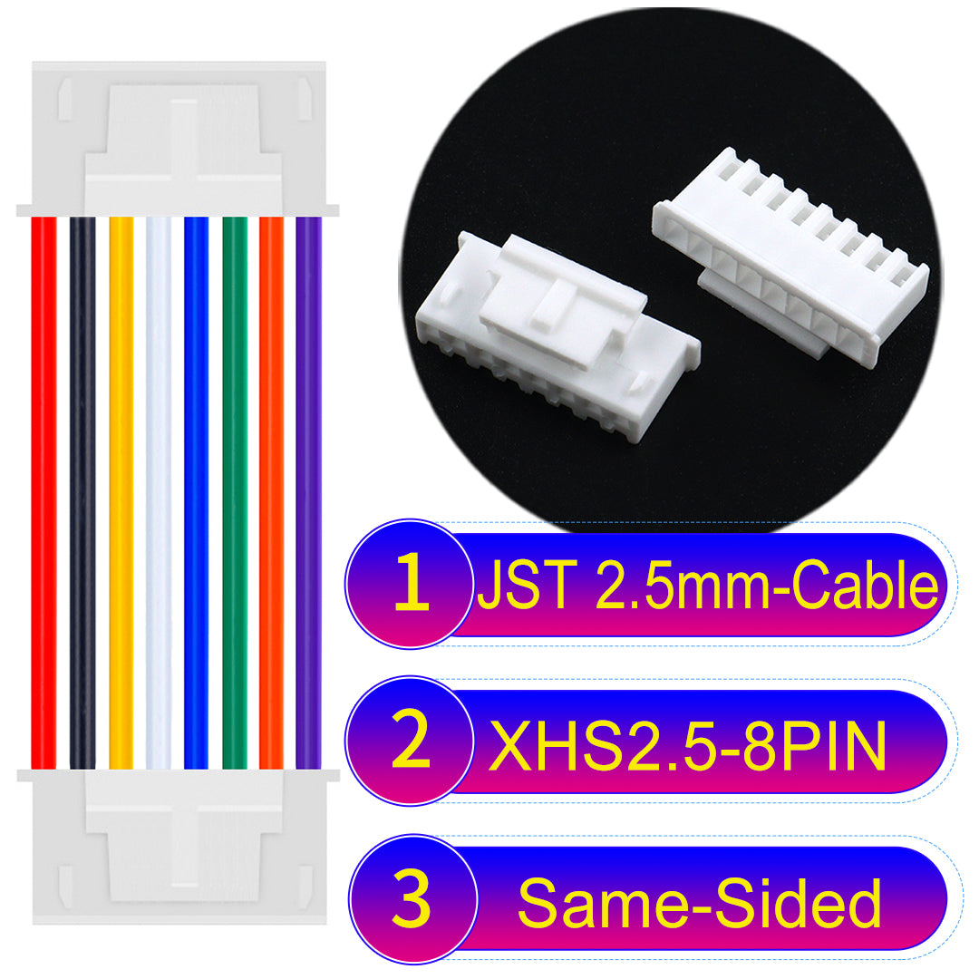 JST XHS with Belt Lock 2.5mm 8Pin Same-Side-Head cable with 22AWG copper wire and UL1007-certified PVC, suitable for home appliances, electrical equipment, and LED lighting.