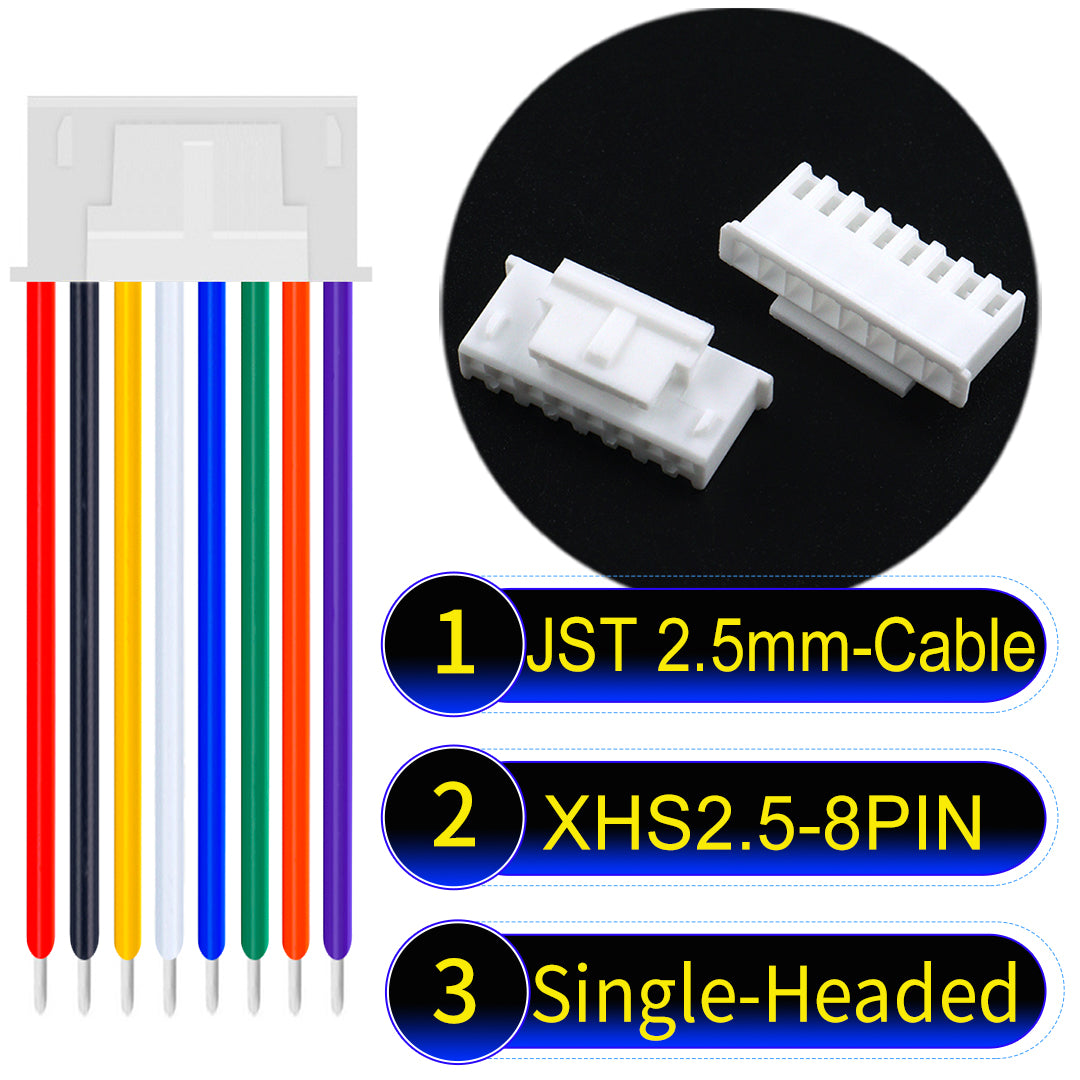 JST XHS with Belt Lock 2.5mm 8Pin single-headed cable with 22AWG copper wire and UL1007-certified PVC, suitable for home appliances, electrical equipment, and LED lighting.