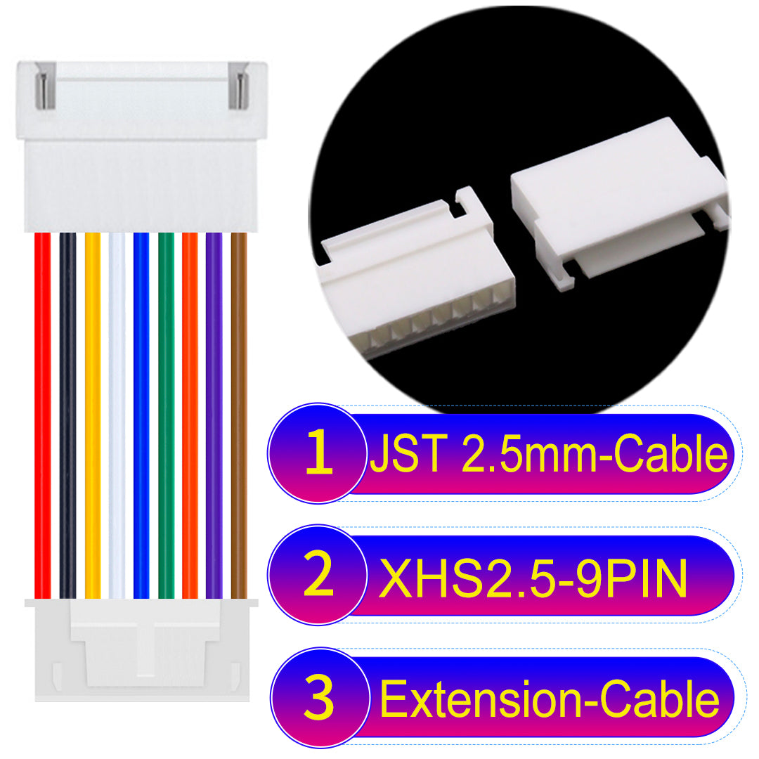 JST XHS with Belt Lock 9Pin Male Female Extension Cable, 2.54mm pitch, 22AWG copper wire, UL1007 certified, ideal for home appliances, electrical systems, and LED lighting applications.