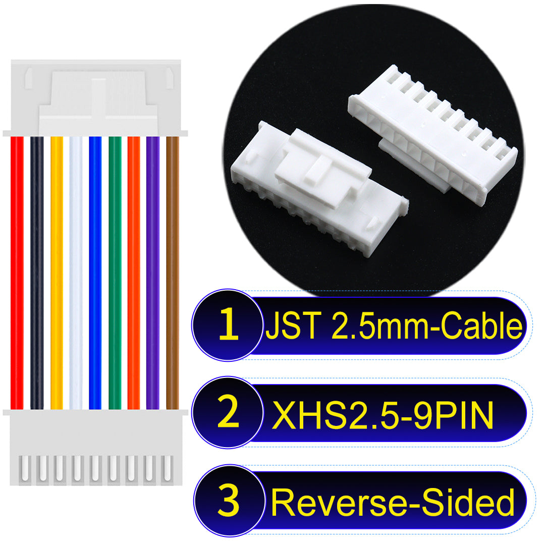 JST XHS with Belt Lock 9Pin Reverse-Side-Head cable, 2.54mm pitch, 22AWG copper wire, UL1007 certified, ideal for home appliances, electrical systems, and LED lighting applications.