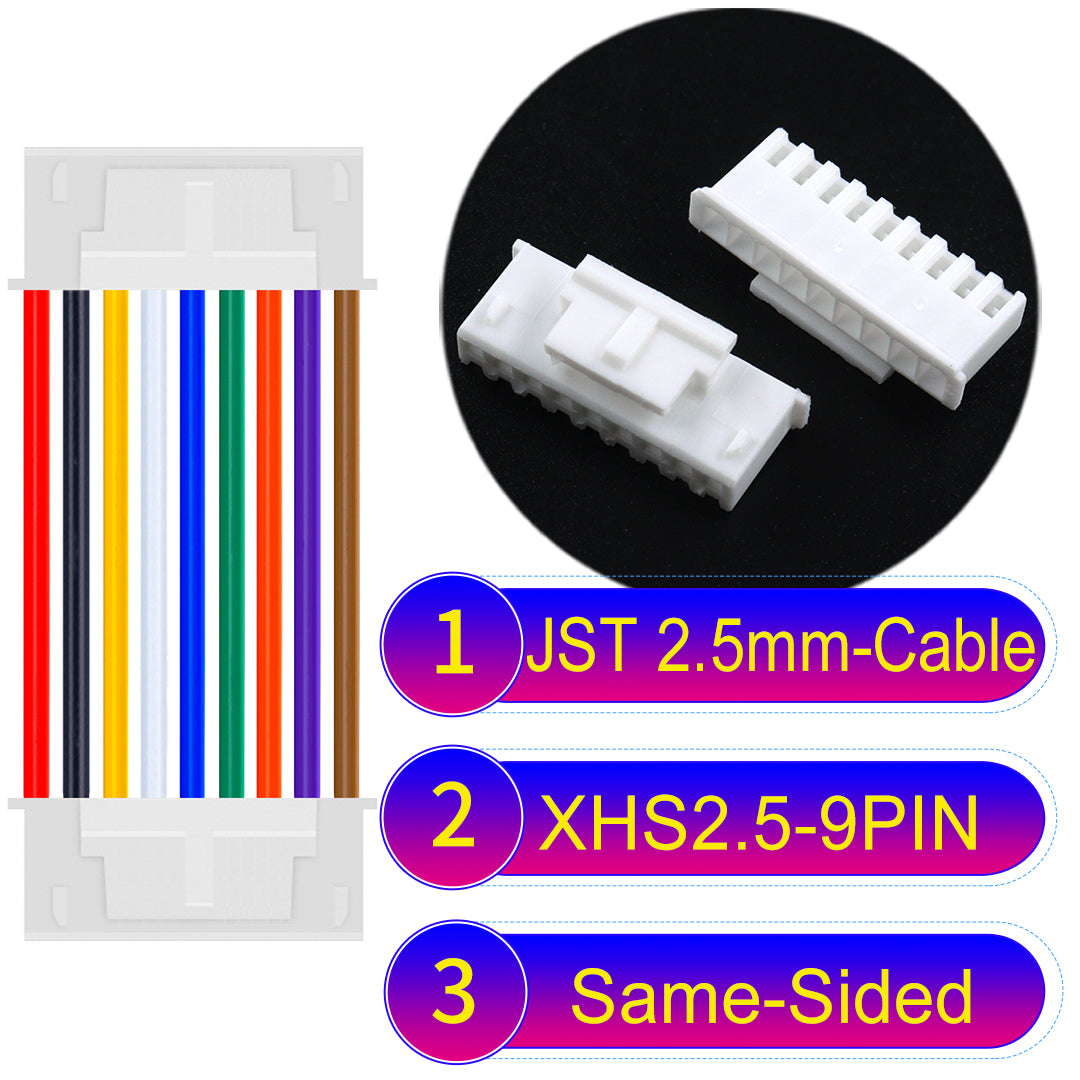 JST XHS with Belt Lock 2.5mm 9Pin Same-Side-Head cable with 22AWG copper wire and UL1007-certified PVC, suitable for home appliances, electrical equipment, and LED lighting.