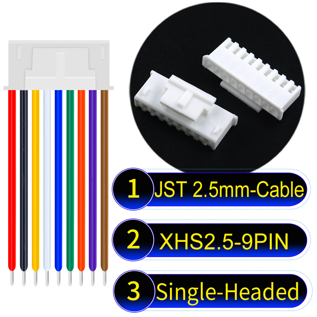 JST XHS with Belt Lock 2.5mm 9Pin single-headed cable with 22AWG copper wire and UL1007-certified PVC, suitable for home appliances, electrical equipment, and LED lighting.