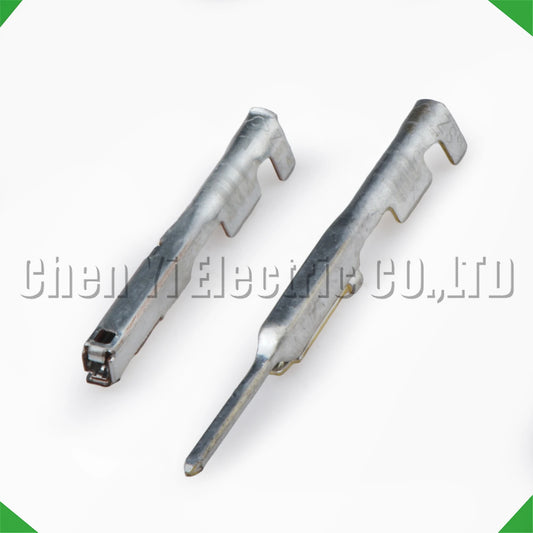 Close-up of 0.6mm crimp pins, male and female, compatible with 8100-4030 and 8100-4027 automotive wire harness connectors