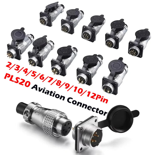 PLS20 WS20 TP20 aviation connector showing 2-12 pin circular plug socket with metal shell, waterproof IP67