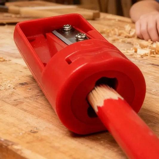 Close-up of portable blue carpenter pencil sharpener, manual woodwork pencil cutter for woodworking, homework, and writing tasks
