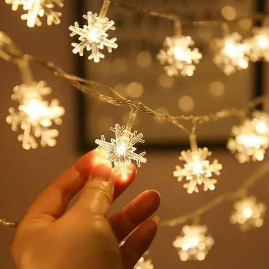 Close-up of snowflake LED fairy light garland, perfect for home, wedding, and Christmas decoration