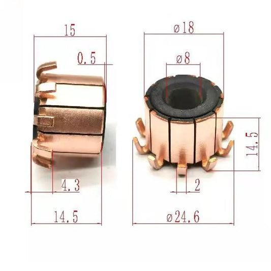 Close-up of 10P copper hook type motor commutator for high-speed DC motors, precise teeth design