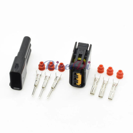 Close-up of 3-Pin terminals of Furukawa ignition coil connector FW-C-D3F-B for secure connection in Subaru vehicles