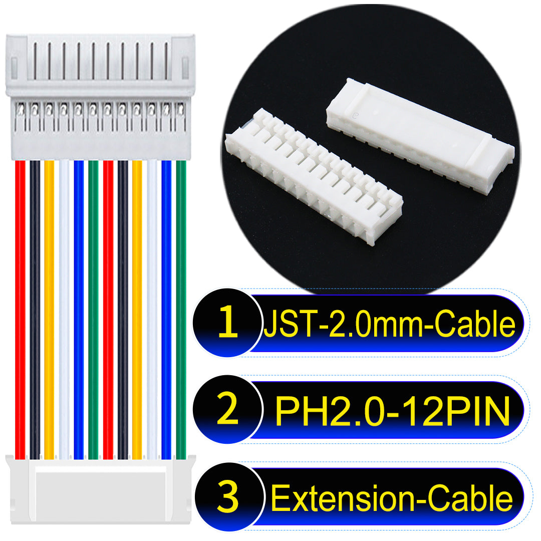 High-quality JST PH2.0 12Pin Male Female Extension Cable, made with UL1007-certified PVC, compatible with various devices.