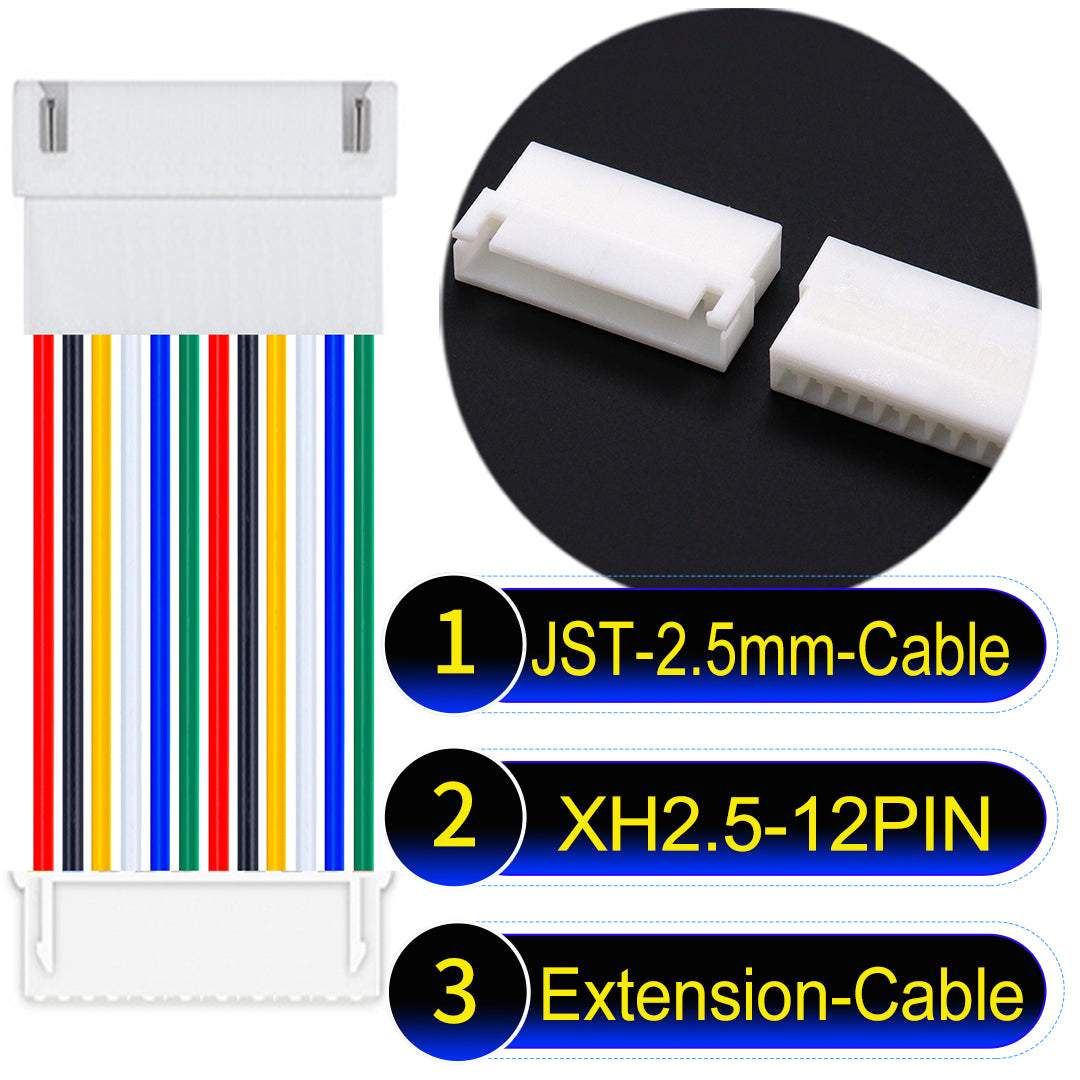 JST XH 12Pin Male Female Extension cable, 2.54mm pitch, 22AWG copper wire, UL1007 certified, ideal for home appliances, electrical systems, and LED lighting applications.
