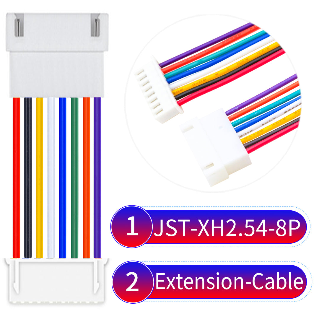 JST XH 8Pin Male Female Extension cable, 2.54mm pitch, 22AWG copper wire, UL1007 certified, ideal for home appliances, electrical systems, and LED lighting applications.