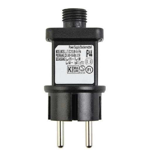 Close-up of LED fairy lights power supply adapter, IP44 waterproof transformer driver for low voltage string lights