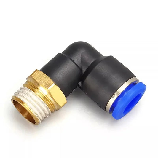 PL push to connect male elbow tube fitting for pneumatic air systems showing thread and tube OD sizes
