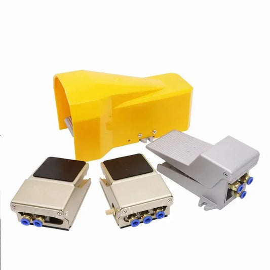 Pneumatic foot pedal valve switch showing 2 position 5 way air control, models FV320, FV420, 4F210-08GL for industrial use