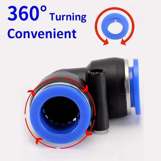 PV elbow push connector for pneumatic air and water hoses with leak-proof design