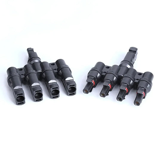 PV T branch solar connector showing 1 to 2 3 4 5 6 IN 1 OUT male and female PV plugs