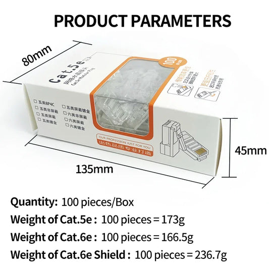 Gold plated RJ45 connector for Cat5e Cat6 network cable, 100Pcs bulk pack for 100M and 1000Mbps Gigabit Ethernet