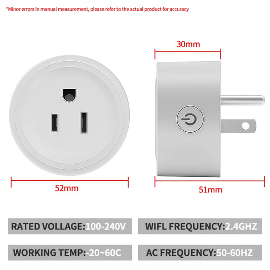Close-up of Zigbee Wi‑Fi smart plug, US outlet, energy monitoring, works with Alexa and Google Home, app control via Tuya, supports timer and schedule