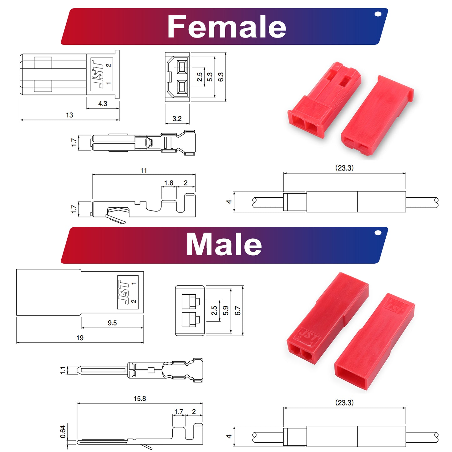 JST SYP 2.54mm 2Pin Female Single-Headed Cable UL1007 22AWG