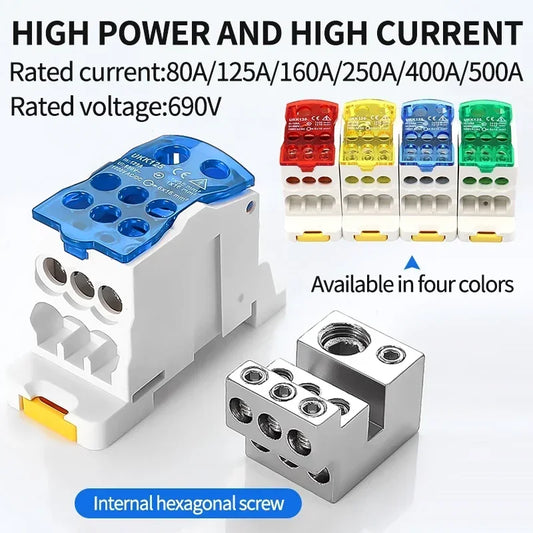 Din rail junction box showing one input and seven output connections, UKK terminal block rated 80A–400A
