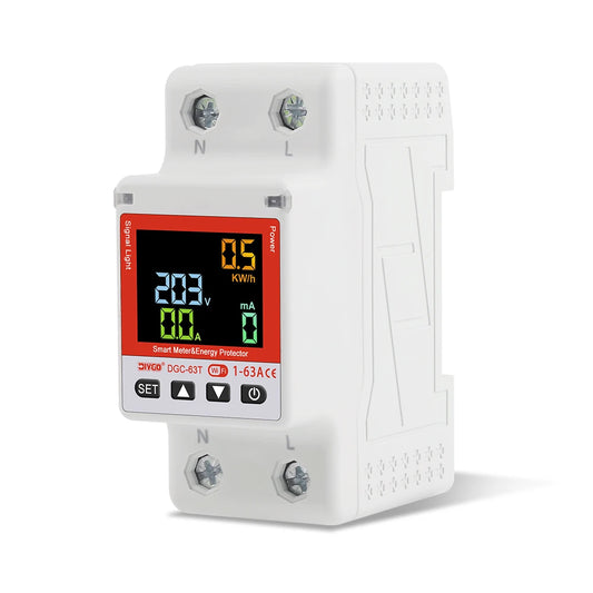 Close-up of DGC-63T 2P WiFi smart circuit breaker with remote control and adjustable current, timer, and protection features