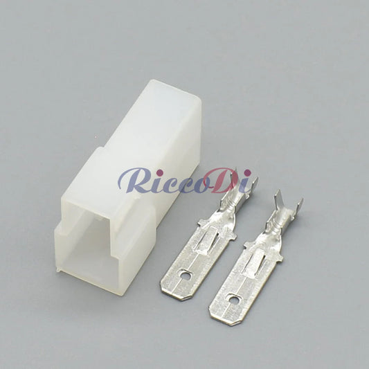 Side view of 2 pin automotive wiring harness connector plug with secure terminal