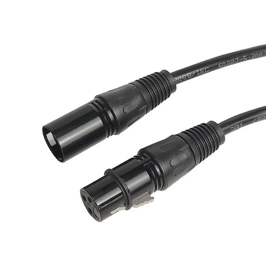 Close-up of 3 pin XLR balanced DMX audio cable 3x18AWG male to female connector for professional audio equipment