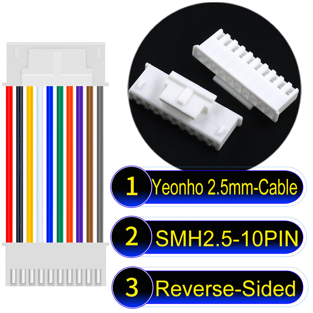 yeonho SMH250 2.54mm 10Pin Reverse-Side-Head cable, UL1007-certified PVC and 22AWG copper core, suitable for multiple devices.