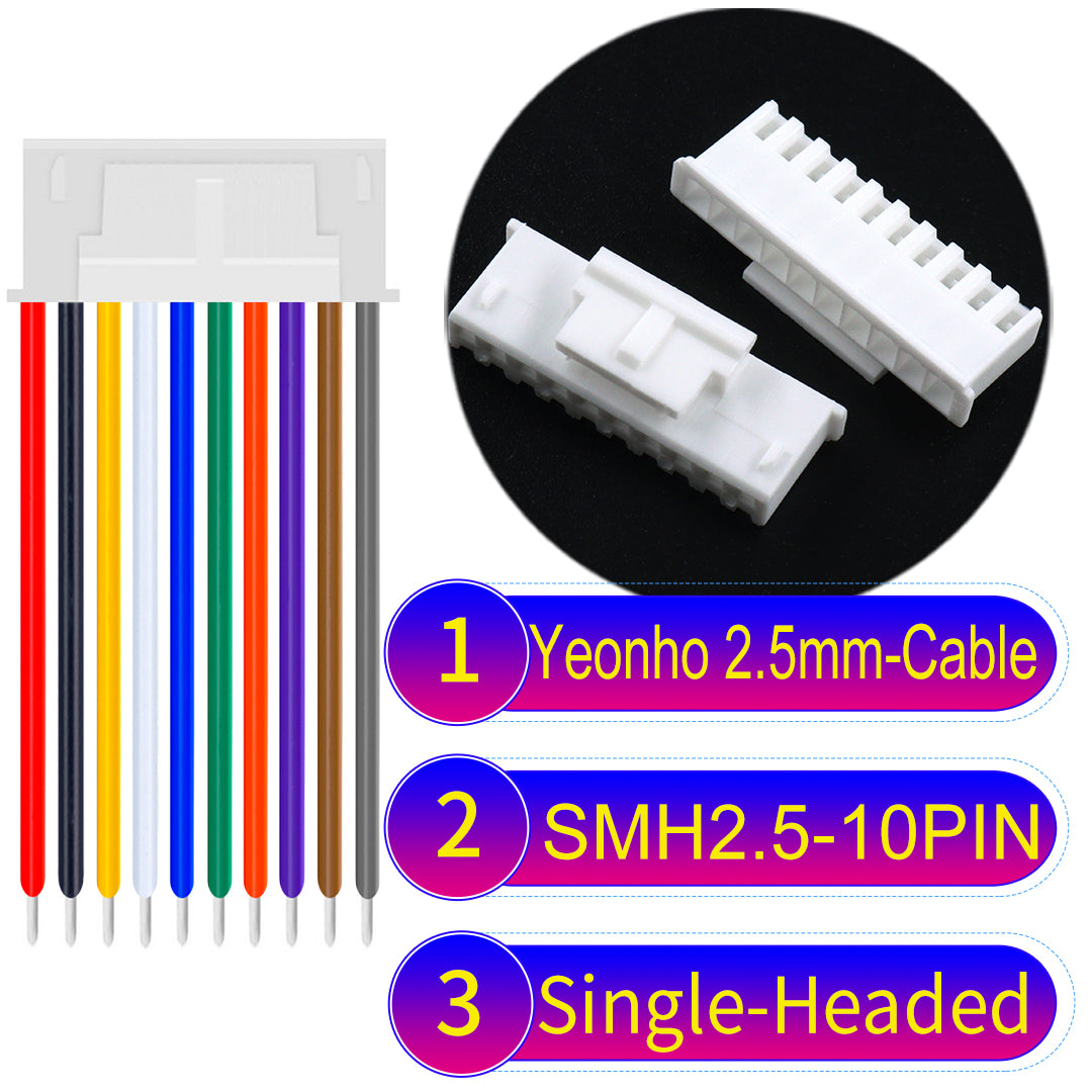 yeonho SMH250 2.54mm 10Pin single-headed cable, UL1007-certified PVC and 22AWG copper core, suitable for multiple devices.