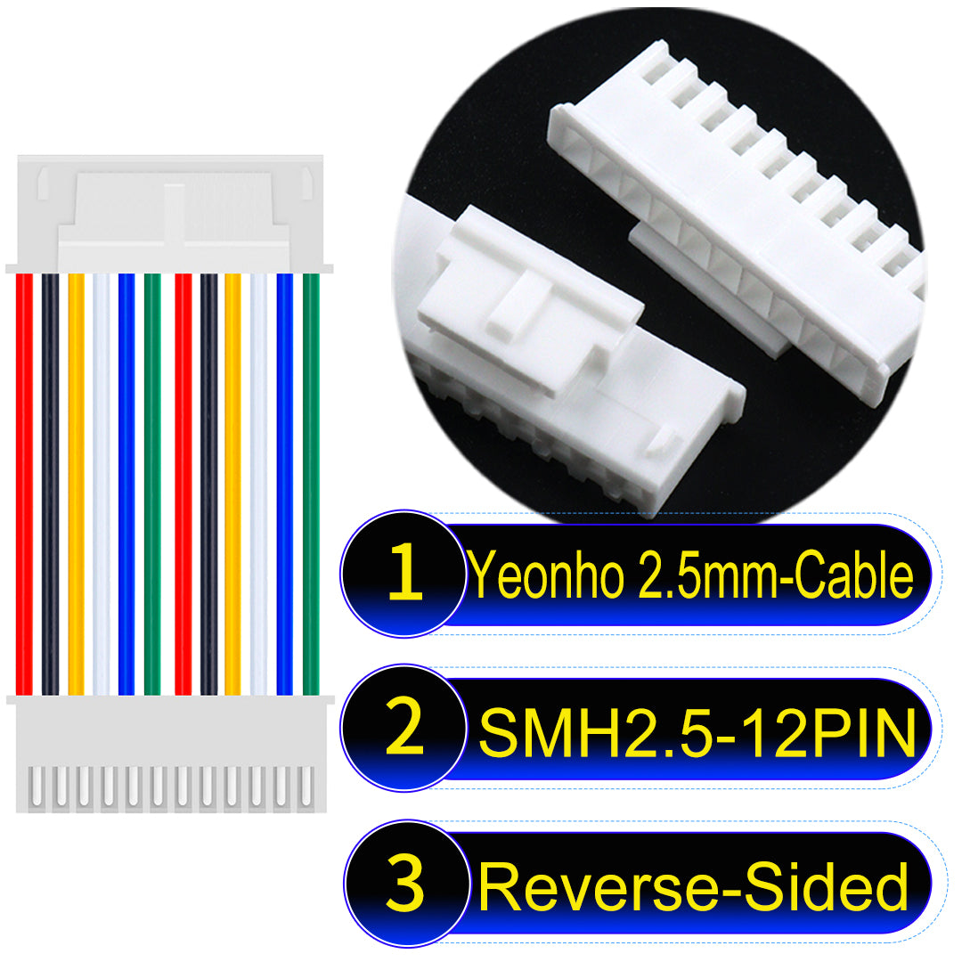 yeonho SMH250 2.54mm 12Pin Reverse-Side-Head cable, UL1007-certified PVC and 22AWG copper core, suitable for multiple devices.