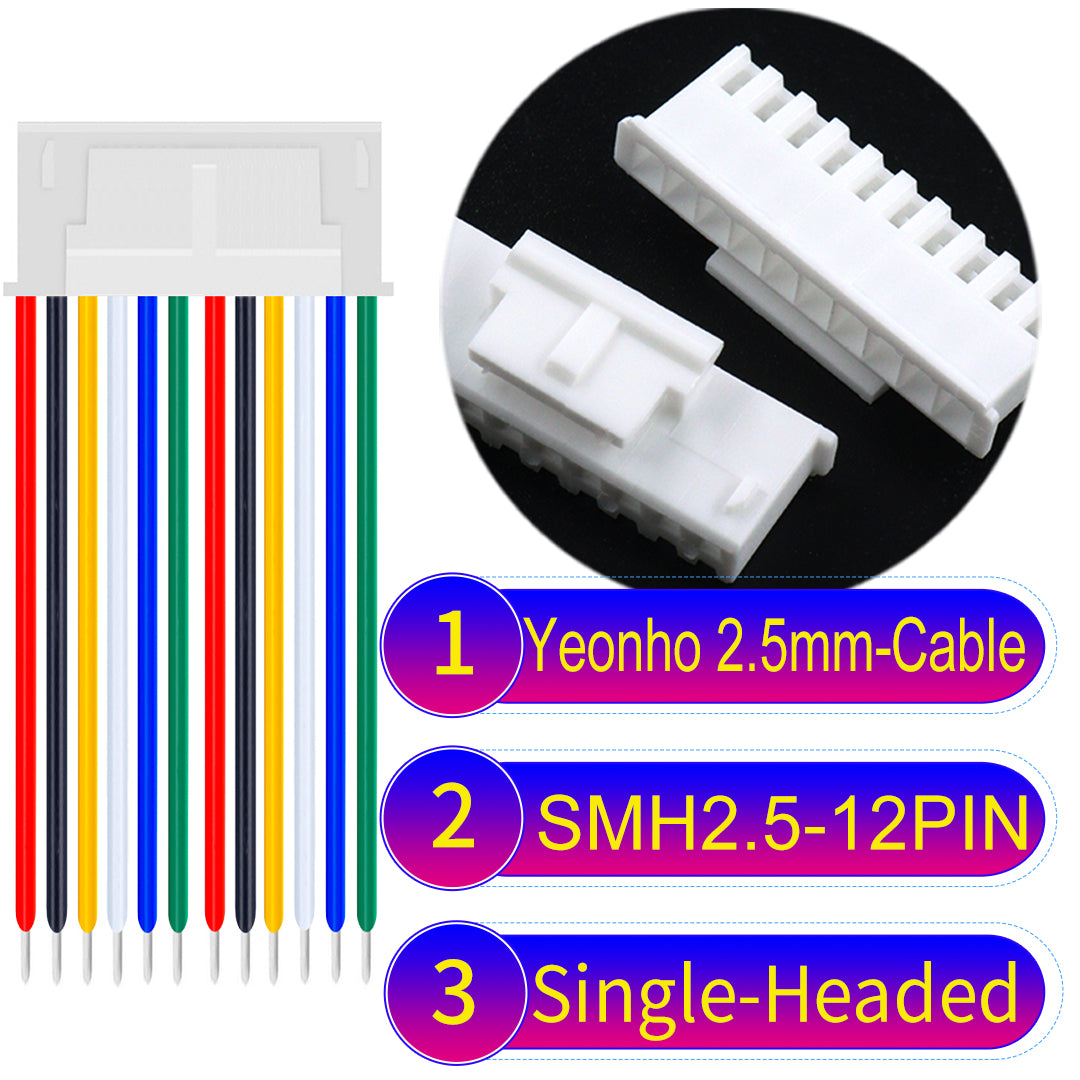 yeonho SMH250 2.54mm 12Pin single-headed cable, UL1007-certified PVC and 22AWG copper core, suitable for multiple devices.