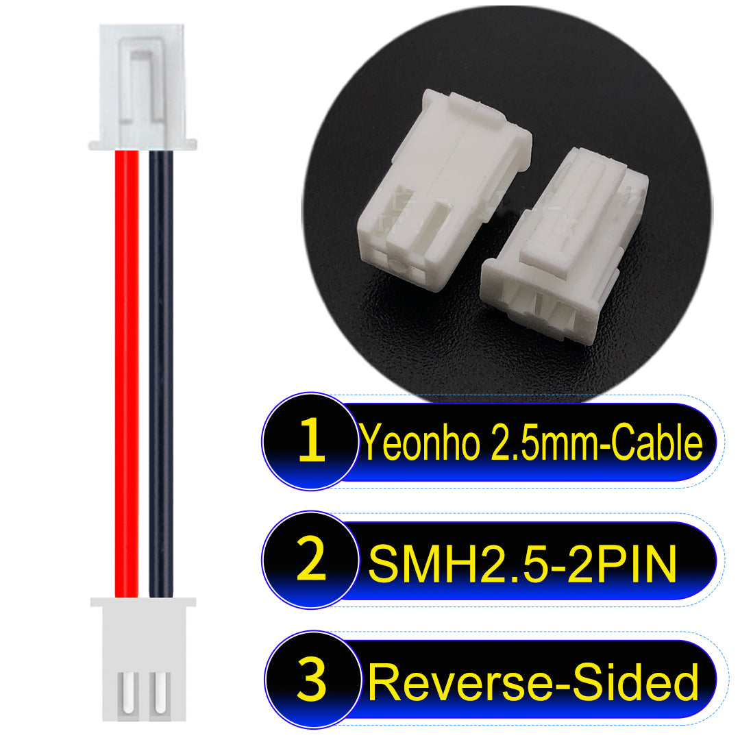 yeonho SMH250 2.54mm 2Pin Reverse-Side-Head cable, UL1007-certified PVC and 22AWG copper core, suitable for multiple devices.