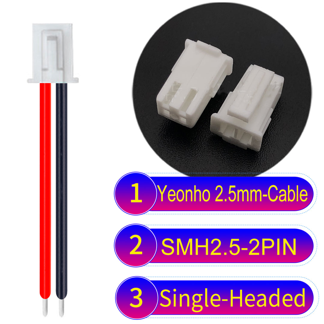 yeonho SMH250 2.54mm 2Pin single-headed cable, UL1007-certified PVC and 22AWG copper core, suitable for multiple devices.