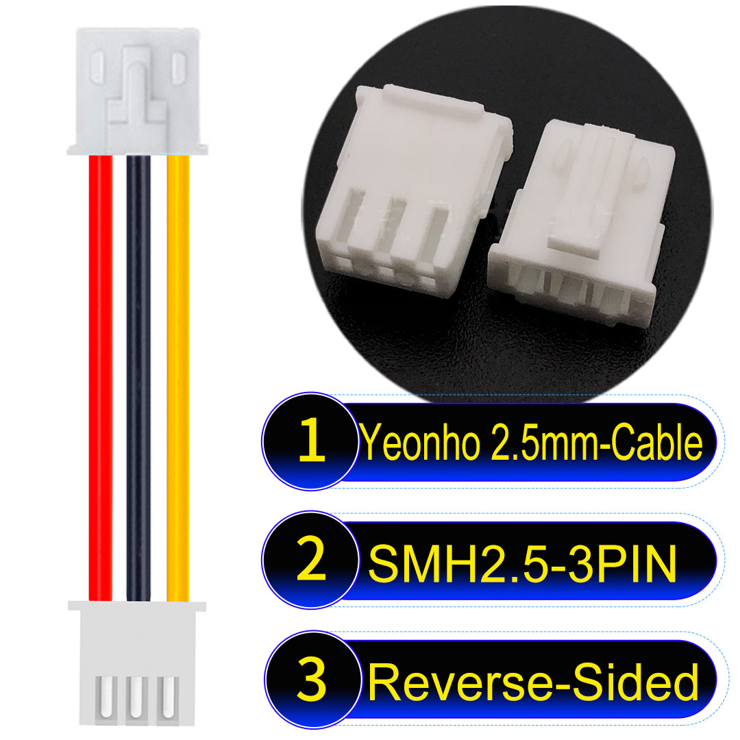 yeonho SMH250 2.54mm 3Pin Reverse-Side-Head cable, UL1007-certified PVC and 22AWG copper core, suitable for multiple devices.