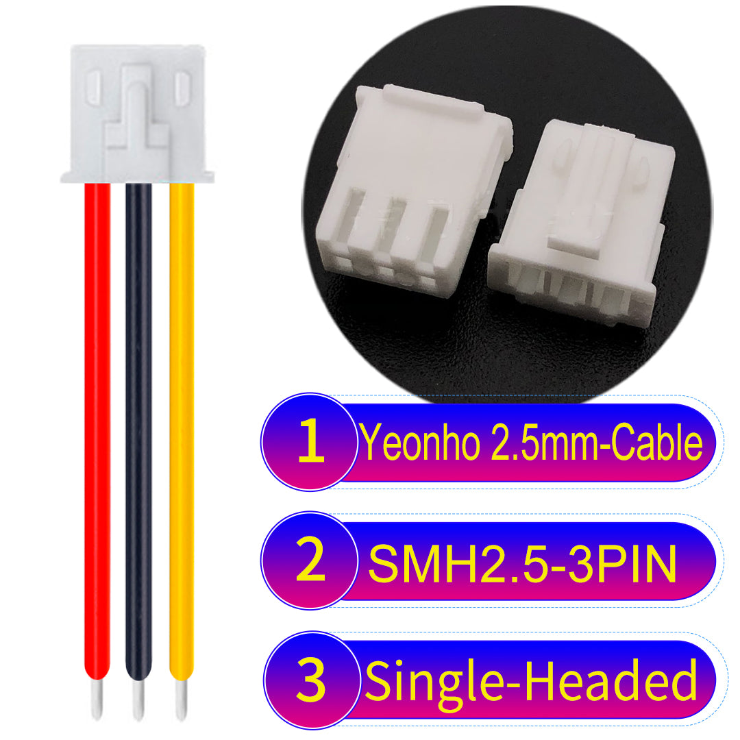 yeonho SMH250 2.54mm 3Pin single-headed cable, UL1007-certified PVC and 22AWG copper core, suitable for multiple devices.