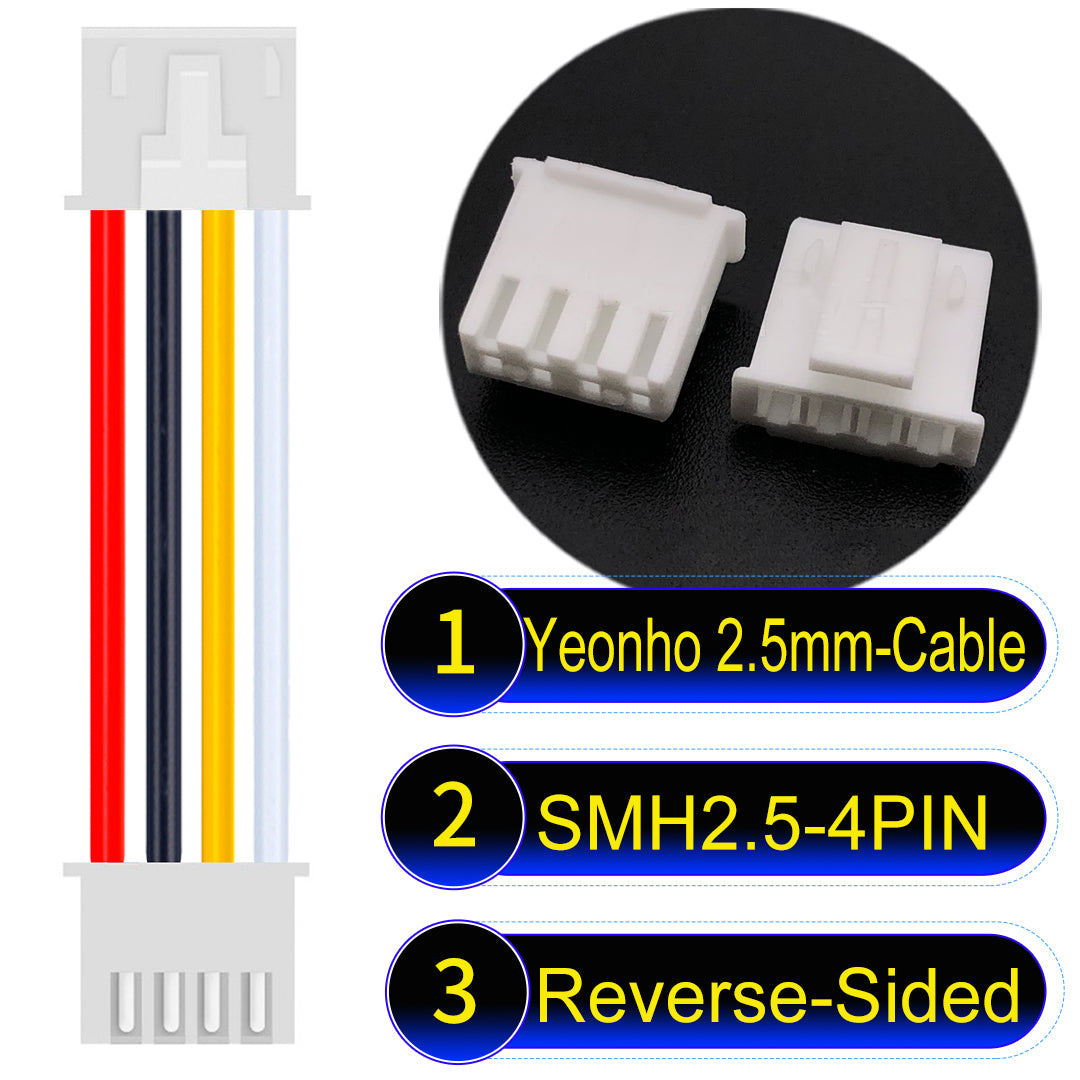 yeonho SMH250 2.54mm 4Pin Reverse-Side-Head cable, UL1007-certified PVC and 22AWG copper core, suitable for multiple devices.
