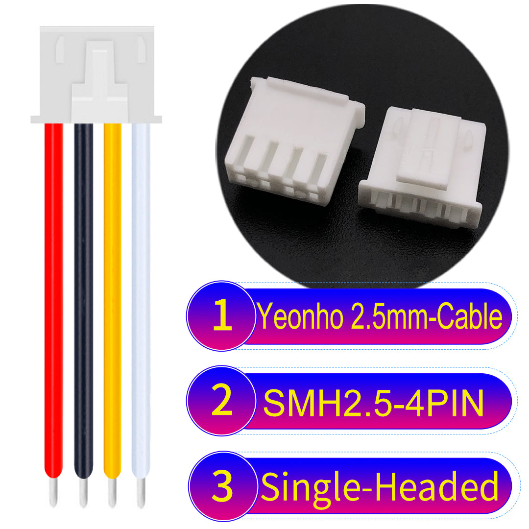 yeonho SMH250 2.54mm 4Pin single-headed cable, UL1007-certified PVC and 22AWG copper core, suitable for multiple devices.