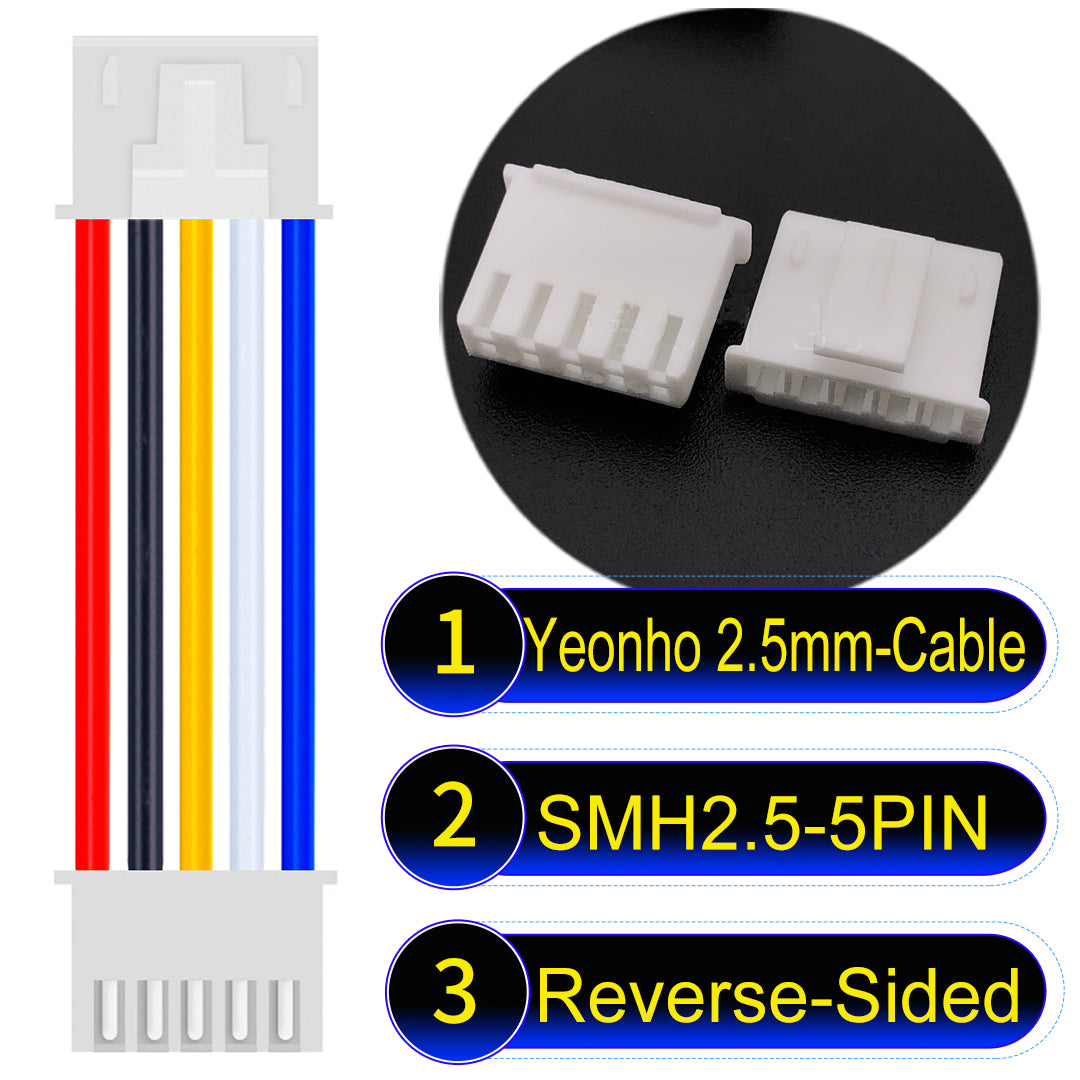 yeonho SMH250 2.54mm 5Pin Reverse-Side-Head cable, UL1007-certified PVC and 22AWG copper core, suitable for multiple devices.