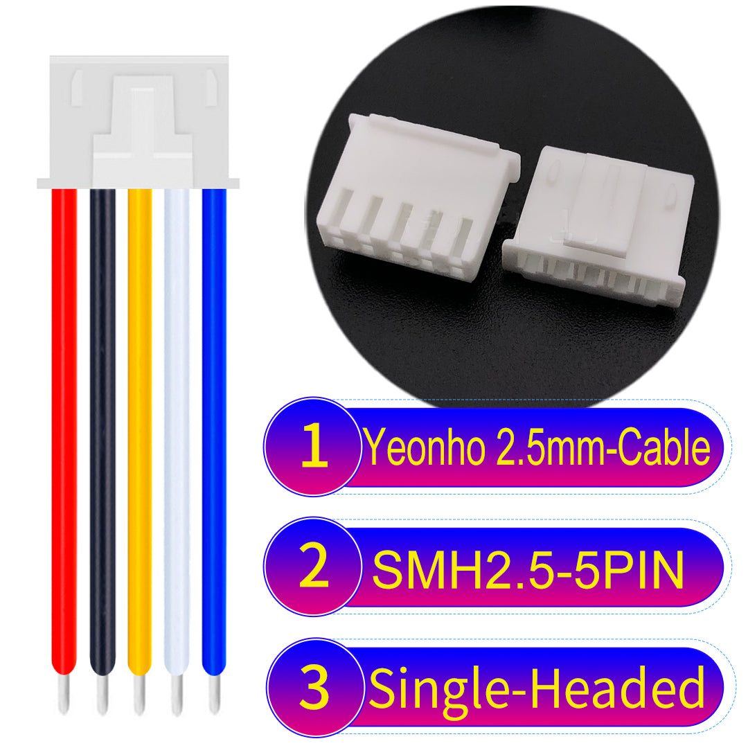 yeonho SMH250 2.54mm 5Pin single-headed cable, UL1007-certified PVC and 22AWG copper core, suitable for multiple devices.