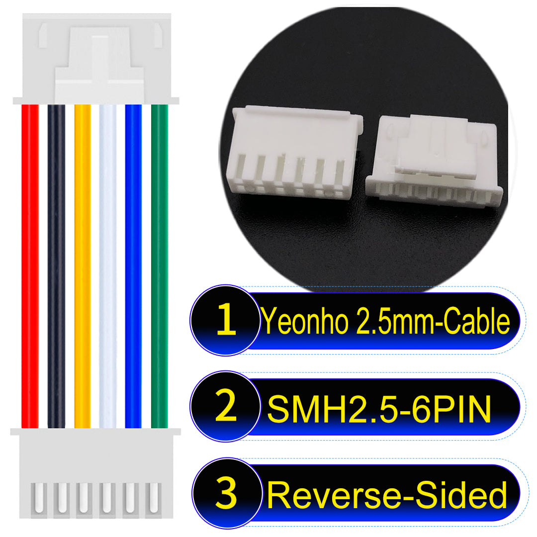 yeonho SMH250 2.54mm 6Pin Reverse-Side-Head cable, UL1007-certified PVC and 22AWG copper core, suitable for multiple devices.
