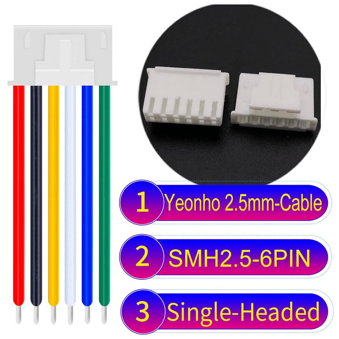 yeonho SMH250 2.54mm 6Pin single-headed cable, UL1007-certified PVC and 22AWG copper core, suitable for multiple devices.