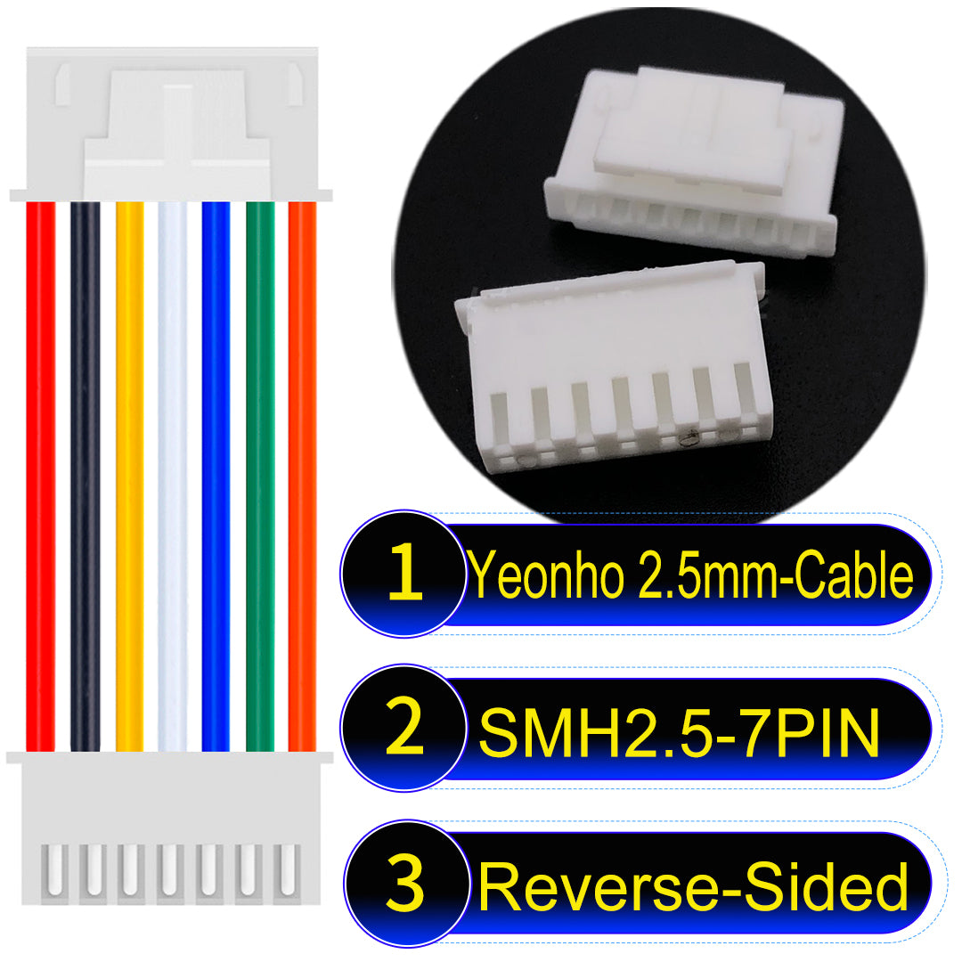 yeonho SMH250 2.54mm 7Pin Reverse-Side-Head cable, UL1007-certified PVC and 22AWG copper core, suitable for multiple devices.