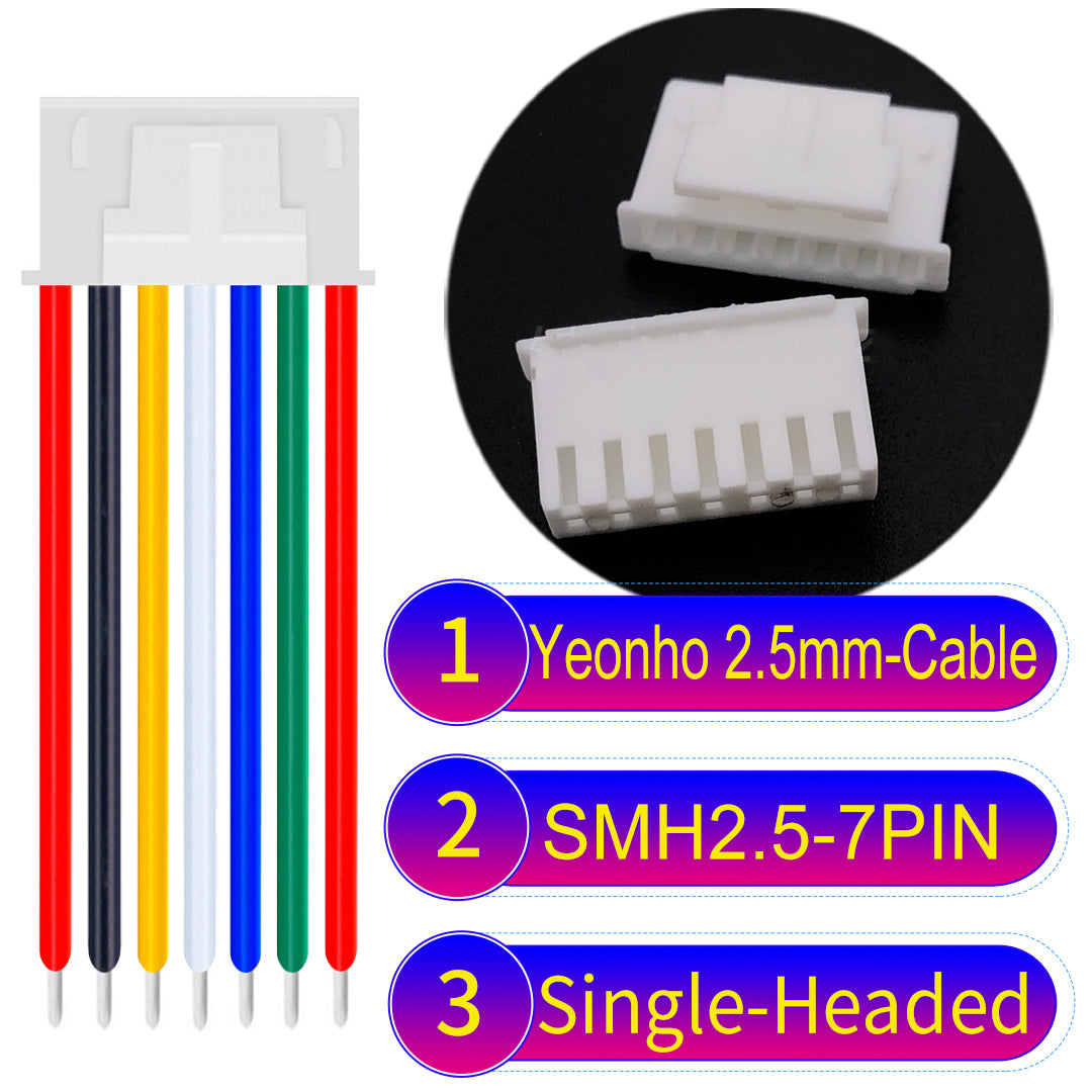 yeonho SMH250 2.54mm 7Pin single-headed cable, UL1007-certified PVC and 22AWG copper core, suitable for multiple devices.