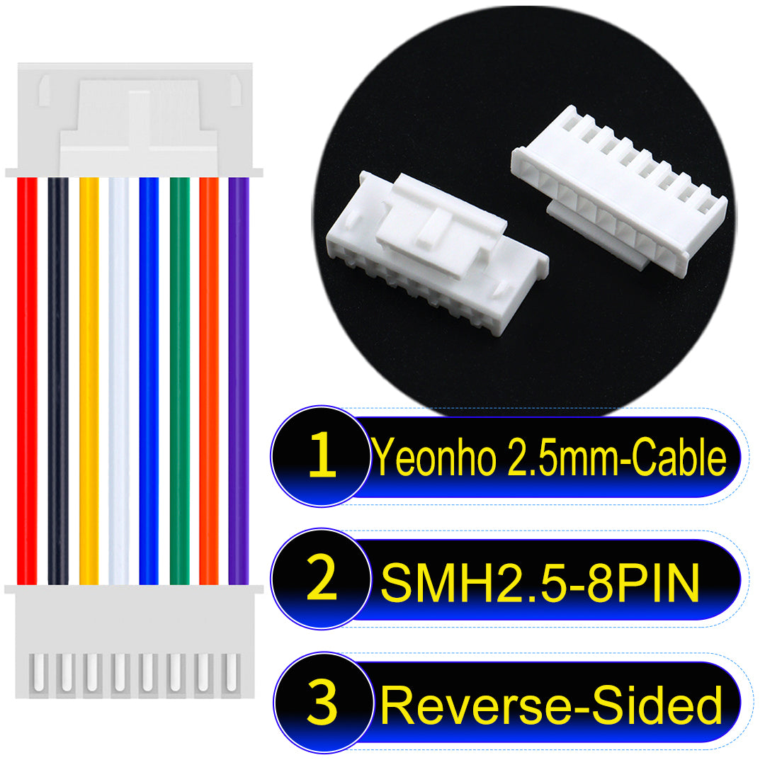yeonho SMH250 2.54mm 8Pin Reverse-Side-Head cable, UL1007-certified PVC and 22AWG copper core, suitable for multiple devices.