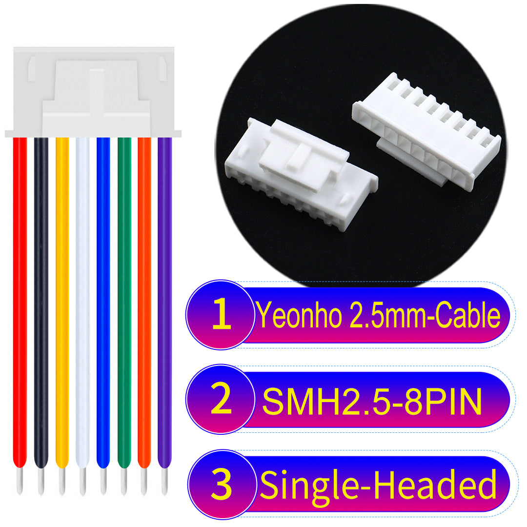 yeonho SMH250 2.54mm 8Pin single-headed cable, UL1007-certified PVC and 22AWG copper core, suitable for multiple devices.
